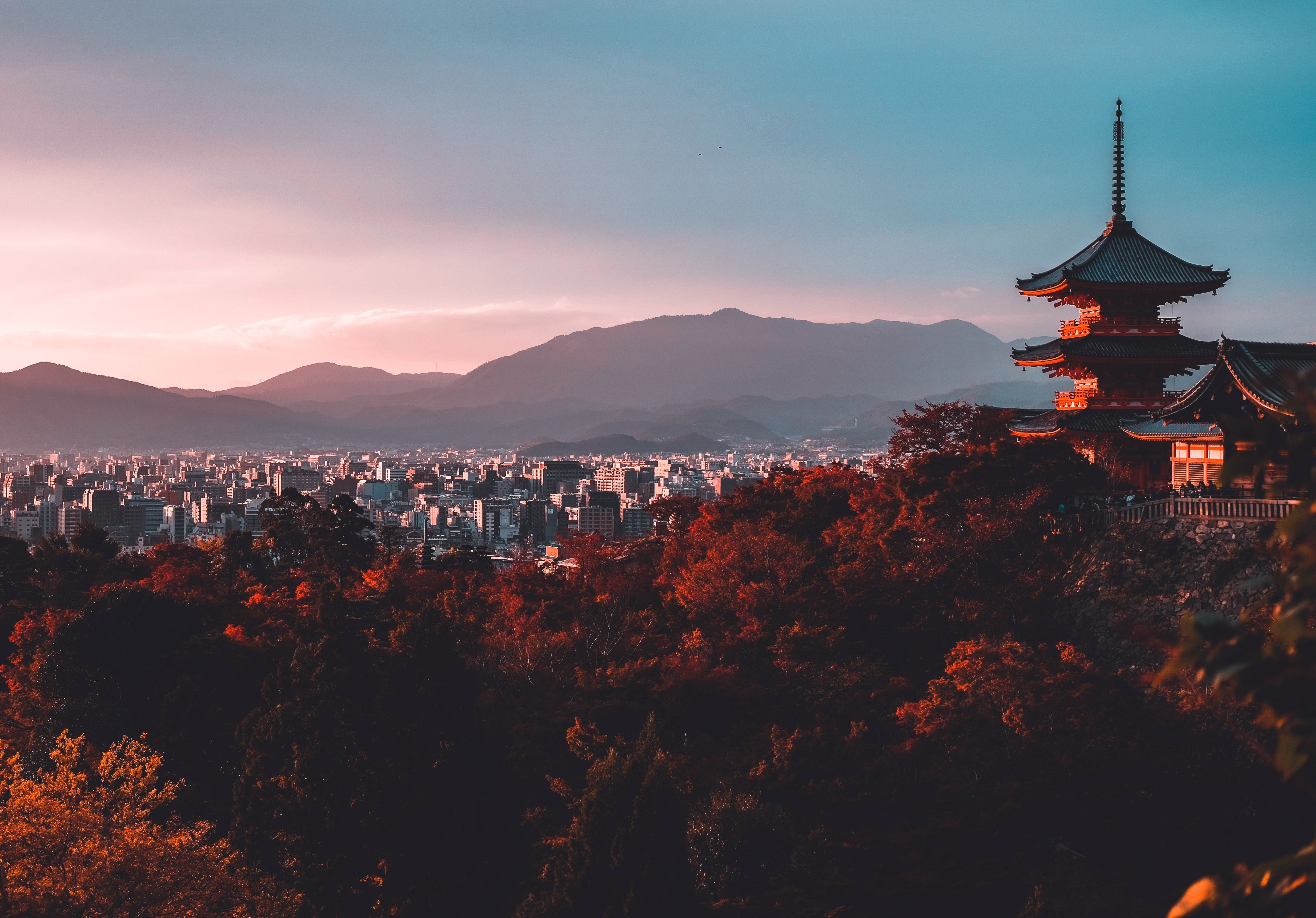 Japanese tower against the light of a pale rose sky